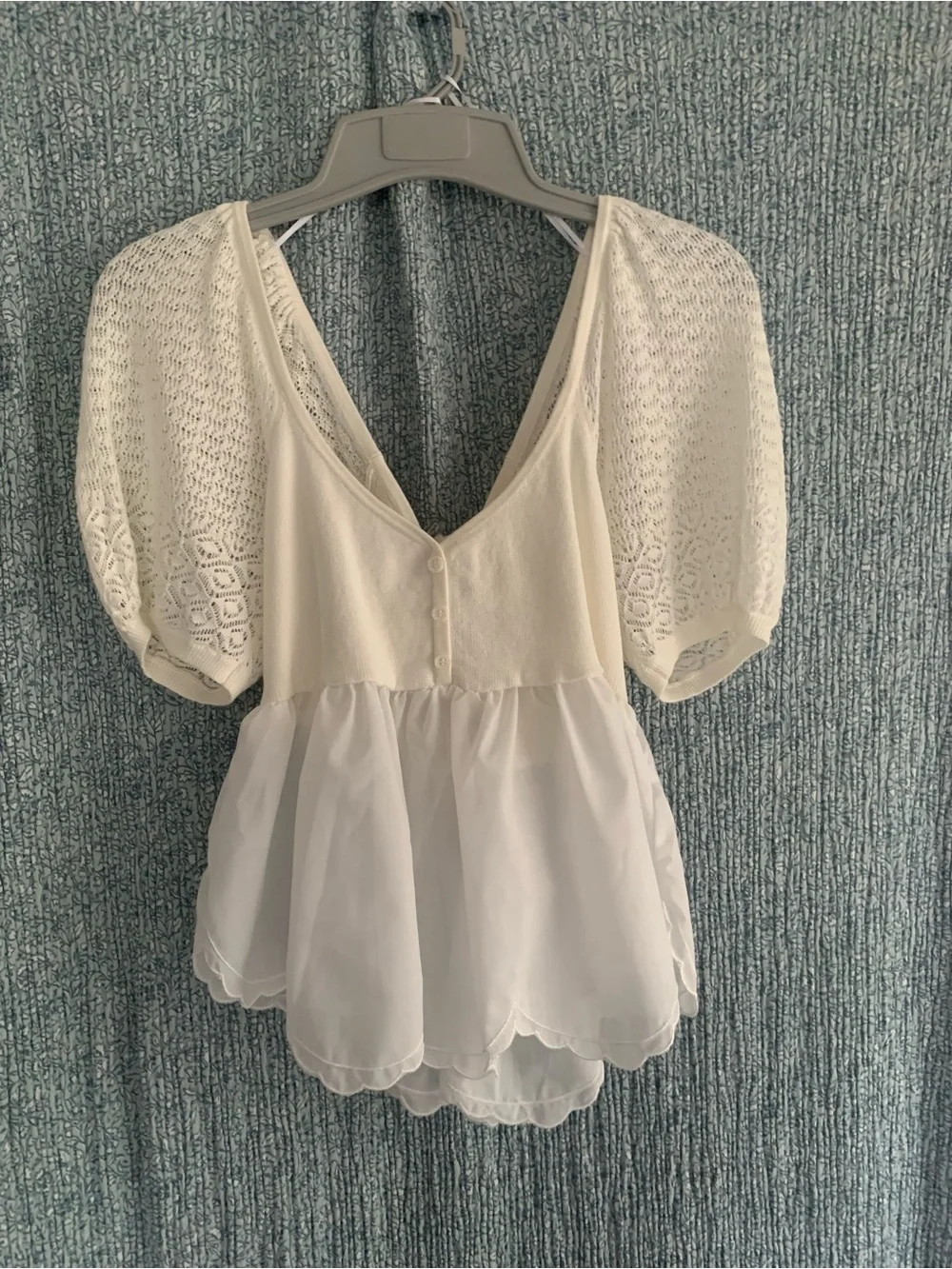 Anthropologie Cream Crochet Puff Sleeve Peplum Blouse